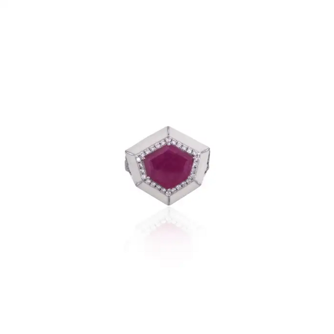 Mozambique Ruby & Diamond Ring - 18k White Gold Handmade Ring With White Enamel Hover Image