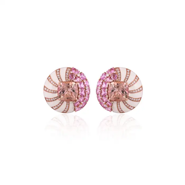 Natural Morganite & Pink Sapphire Gemstone Stud Earrings - 18k Rose Gold Diamond Handmade Earrings With White Enamel Hover Image