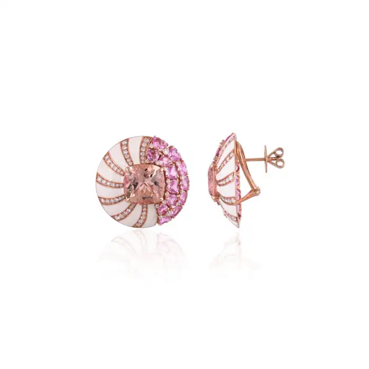 Natural Morganite & Pink Sapphire Gemstone Stud Earrings - 18k Rose Gold Diamond Handmade Earrings With White Enamel