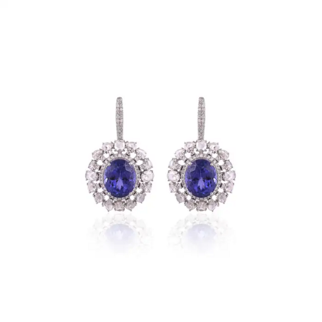 Natural Tanzanite & Diamond Earrings - 18k White Gold Handmade Dangle Women Earrings Hover Image