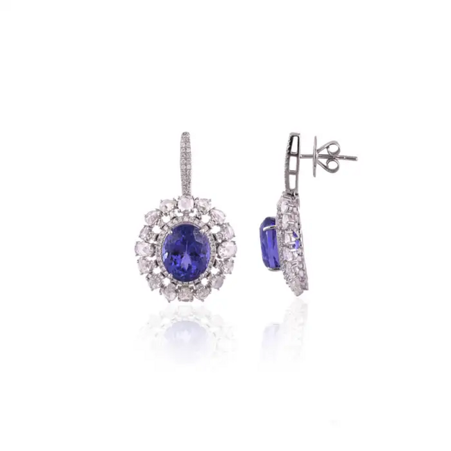 Natural Tanzanite & Diamond Earrings - 18k White Gold Handmade Dangle Women Earrings Main Image