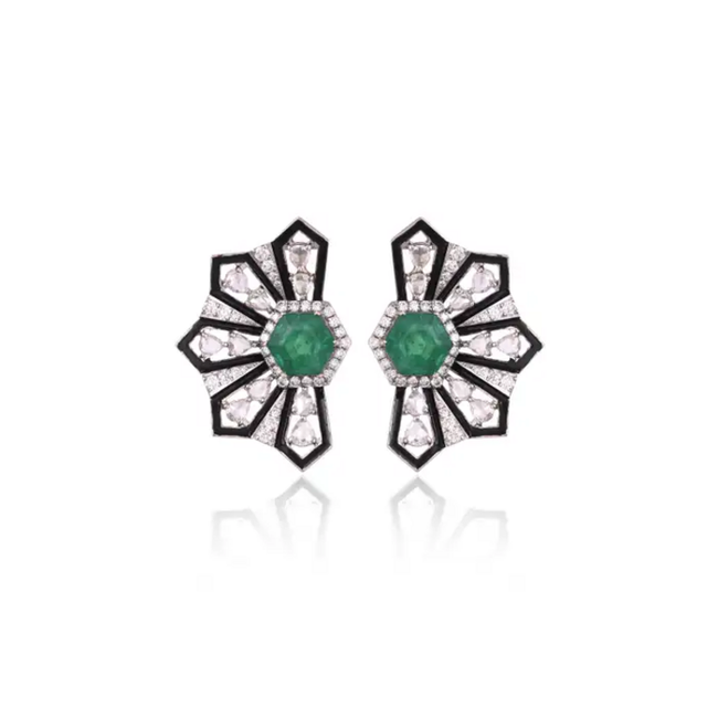 18k White Gold Handmade Stud Earrings - Natural Zambian Emerald & Diamond Women Earrings Hover Image