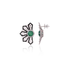 18k White Gold Handmade Stud Earrings - Natural Zambian Emerald & Diamond Women Earrings