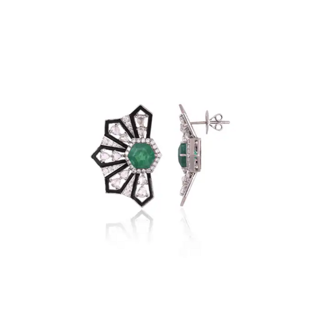 18k White Gold Handmade Stud Earrings - Natural Zambian Emerald & Diamond Women Earrings Main Image