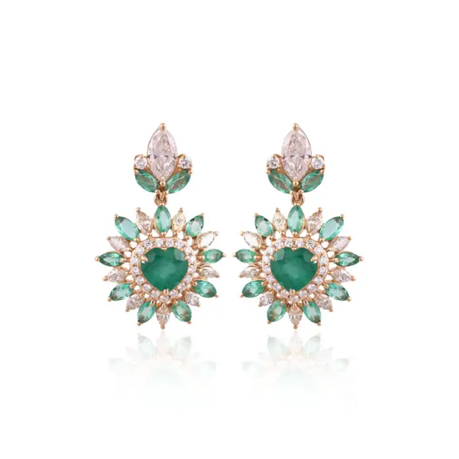 18k Yellow Gold Handmade Dangle Earrings - Natural Zambian Emerald & Yellow Diamond Women Earrings Hover Image
