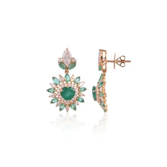 18k Yellow Gold Handmade Dangle Earrings - Natural Zambian Emerald & Yellow Diamond Women Earrings Main Image
