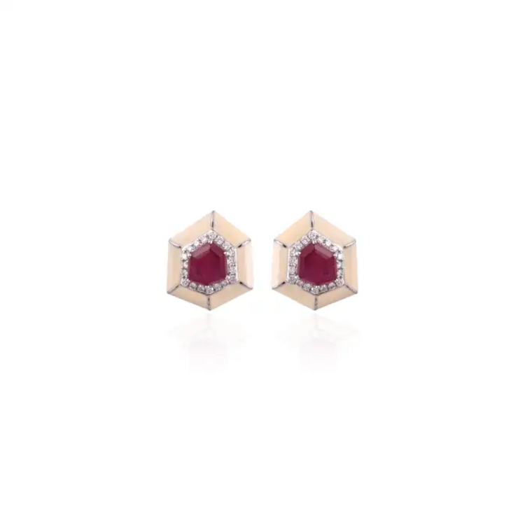 18k White Gold Handmade Minimalist Stud Earrings - Natural Mozambique Ruby White Enamel Earrings - Gold Diamond Earrings