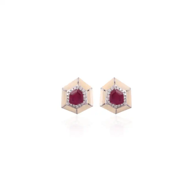 18k White Gold Handmade Minimalist Stud Earrings - Natural Mozambique Ruby White Enamel Earrings - Gold Diamond Earrings Hover Image