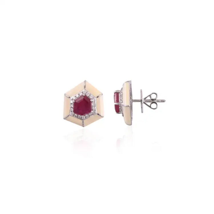 18k White Gold Handmade Minimalist Stud Earrings - Natural Mozambique Ruby White Enamel Earrings - Gold Diamond Earrings