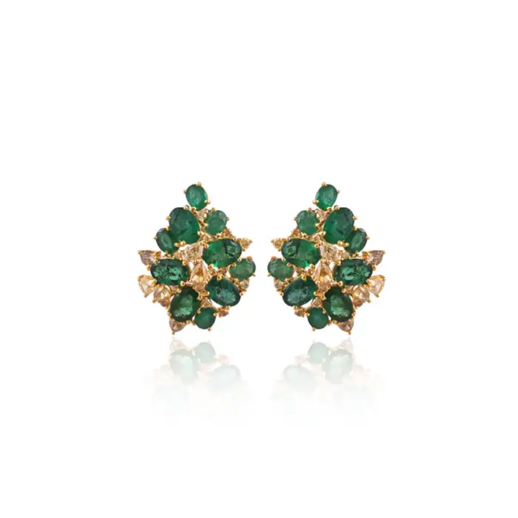 Natural Zambian Emerald Stud Earrings - 18k Yellow Gold Handmade Diamond Earrings