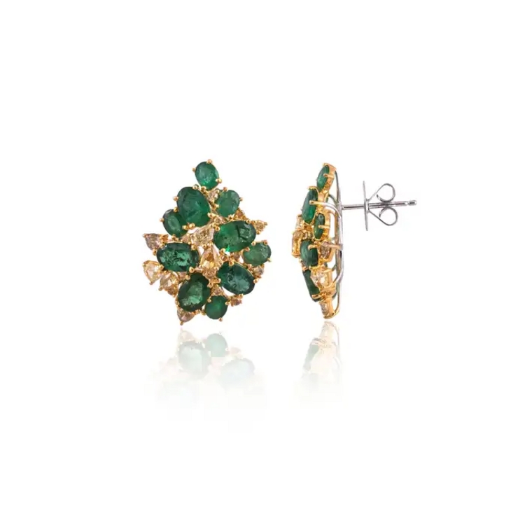 Natural Zambian Emerald Stud Earrings - 18k Yellow Gold Handmade Diamond Earrings