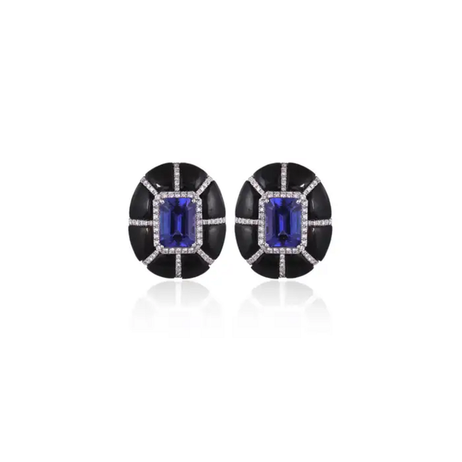 9.24 Ct. Natural Tanzanite Stud Earrings - 18k White Gold Handmade Earrings - Gold Diamond Women Earrings - Black Onyx Earrings Hover Image