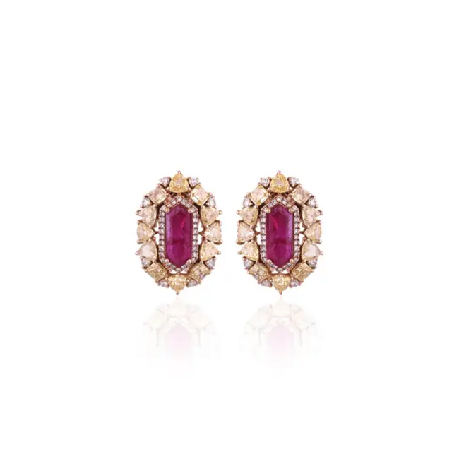 18k Rose Gold Yellow Diamond Stud Earrings - Natural Mozambique Ruby Tiny Earrings Hover Image
