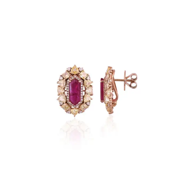 18k Rose Gold Yellow Diamond Stud Earrings - Natural Mozambique Ruby Tiny Earrings Main Image