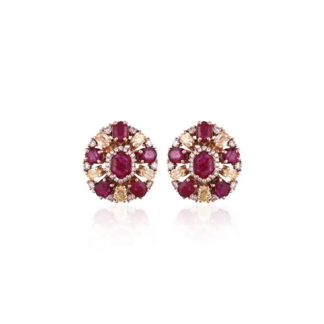 Mozambique Ruby & Yellow Diamond Stud Earrings - 18k Yellow Gold Diamond Stud Earrings Hover Image