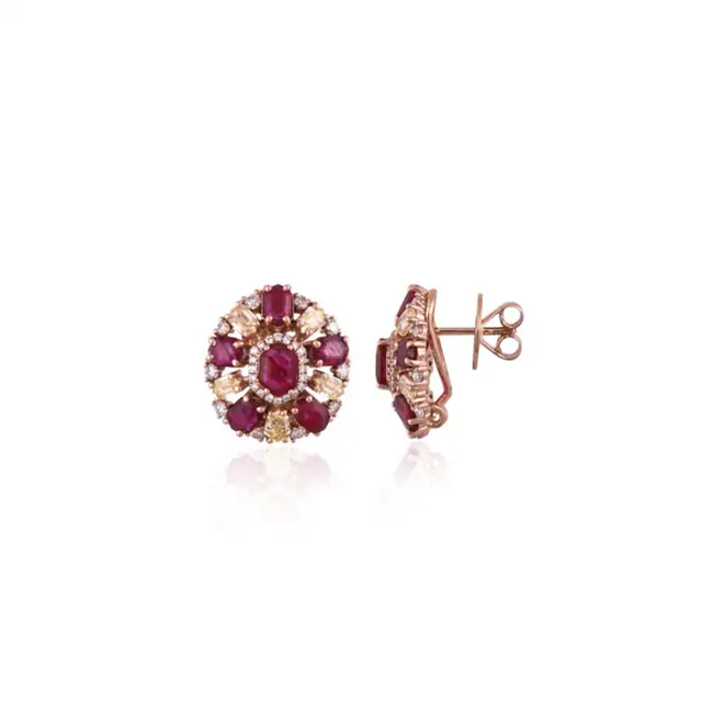 Mozambique Ruby & Yellow Diamond Stud Earrings - 18k Yellow Gold Diamond Stud Earrings Main Image