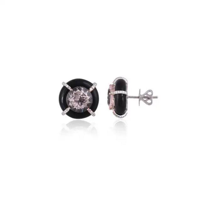 Natural Morganite & Black Onyx Stud Earrings - 18k Gold Diamond Round Tiny Stud Earrings Main Image