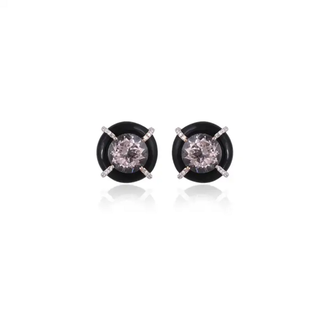 Natural Morganite & Black Onyx Stud Earrings - 18k Gold Diamond Round Tiny Stud Earrings Hover Image