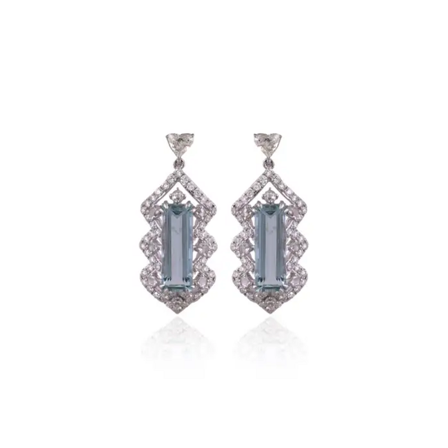 5.26 Ct. Aquamarine Dangle Earrings - Handmade 18k White Gold Heart Shape Diamond Earrings Hover Image