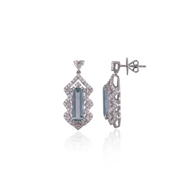 5.26 Ct. Aquamarine Dangle Earrings - Handmade 18k White Gold Heart Shape Diamond Earrings Main Image