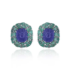 18k White Gold Diamond Stud Earrings - Hand Carved Tanzanite & Zambian Emerald Earrings