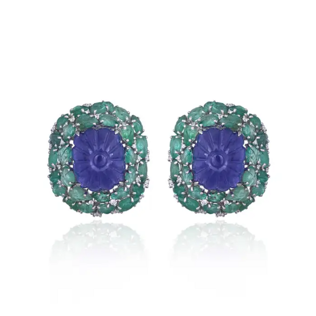 18k White Gold Diamond Stud Earrings - Hand Carved Tanzanite & Zambian Emerald Earrings Hover Image