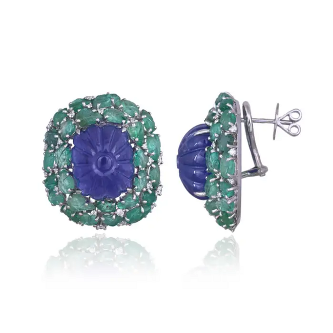 18k White Gold Diamond Stud Earrings - Hand Carved Tanzanite & Zambian Emerald Earrings Main Image