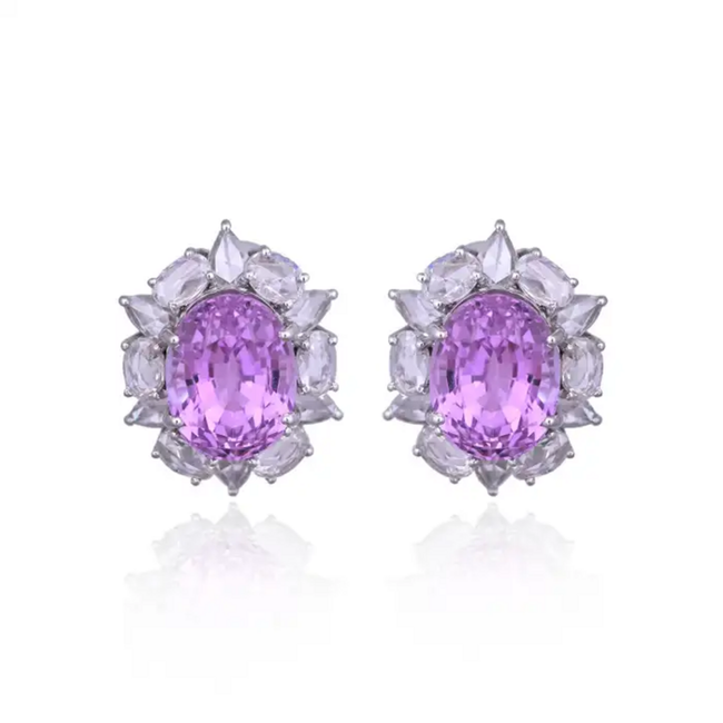 11.26 Ct. Kunzite Stud Earrings - 18k White Gold Rose Cut Diamond Earrings Hover Image
