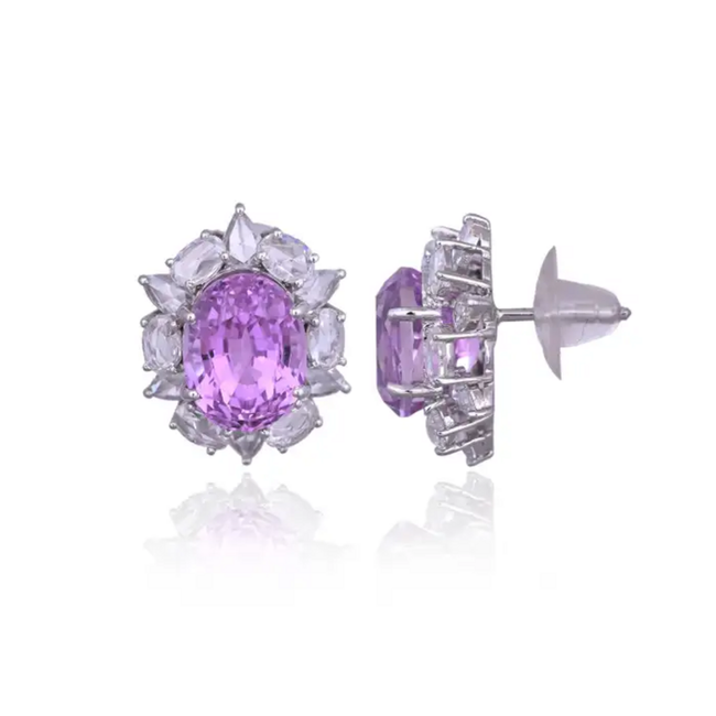 11.26 Ct. Kunzite Stud Earrings - 18k White Gold Rose Cut Diamond Earrings Main Image