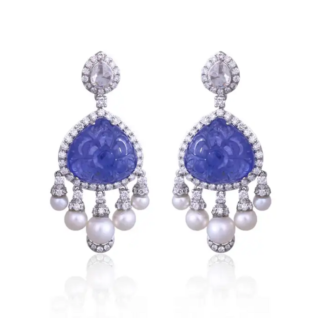 18k White Gold Diamond Dangle Earrings - Natural Tanzanite & Freshwater Pearl Earrings Hover Image