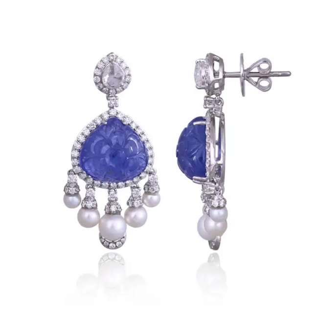 18k White Gold Diamond Dangle Earrings - Natural Tanzanite & Freshwater Pearl Earrings Main Image