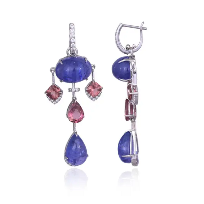 18k White Gold Diamond Earrings - Natural Tanzanite & Tourmaline Gemstone Dangle Earrings Hover Image