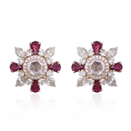 18k Yellow Gold Diamond Stud Earrings - Natural Mozambique Ruby & Rose Cut Diamond Earrings