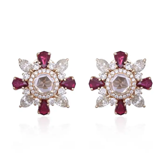 18k Yellow Gold Diamond Stud Earrings - Natural Mozambique Ruby & Rose Cut Diamond Earrings Hover Image