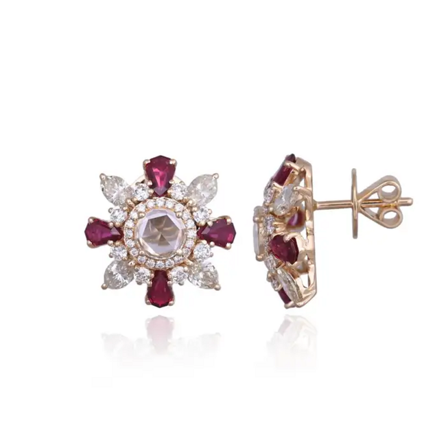 18k Yellow Gold Diamond Stud Earrings - Natural Mozambique Ruby & Rose Cut Diamond Earrings Main Image