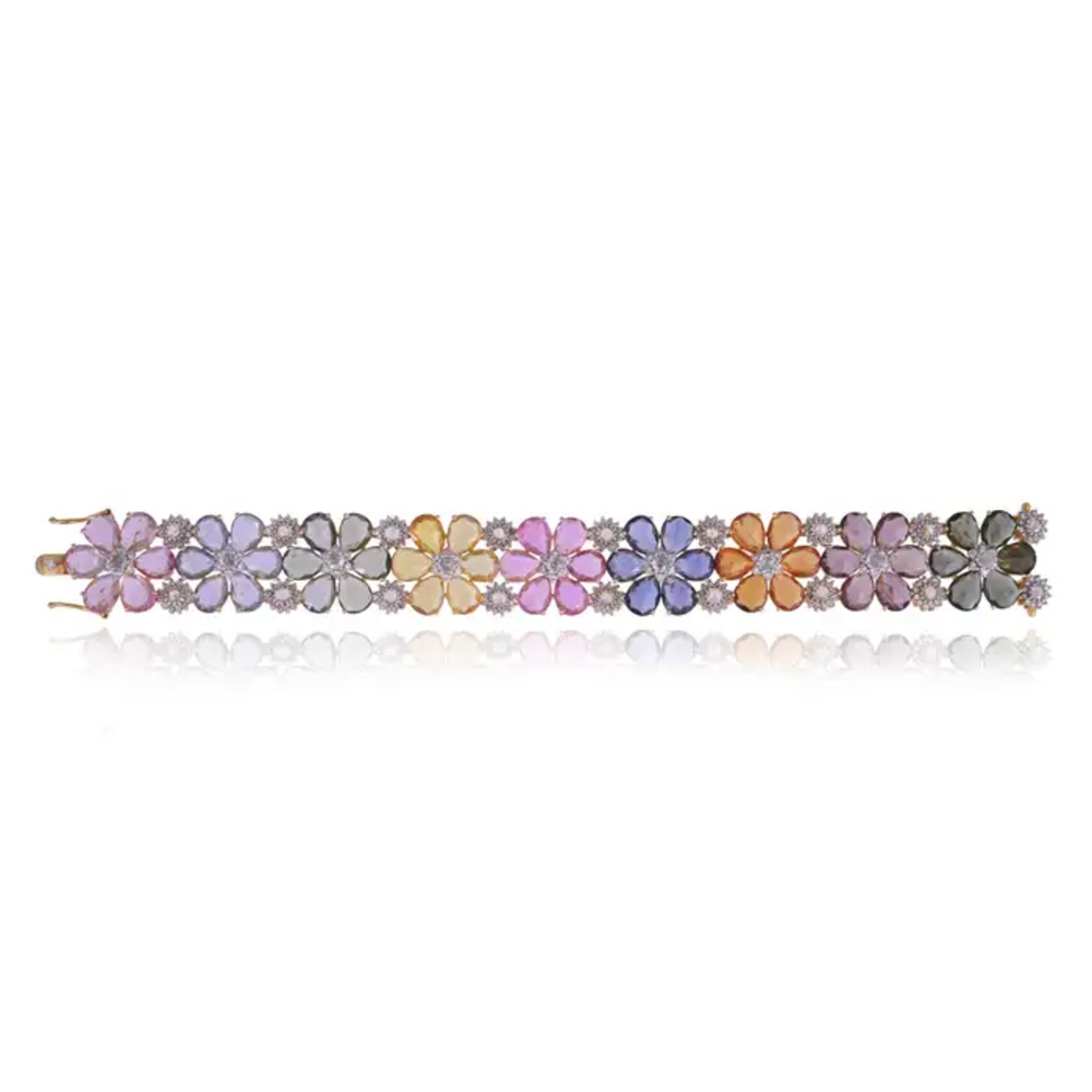 18k Yellow Gold Floral Bracelet - Natural Multi Sapphire & Rose Cut Diamond Modern Bracelet