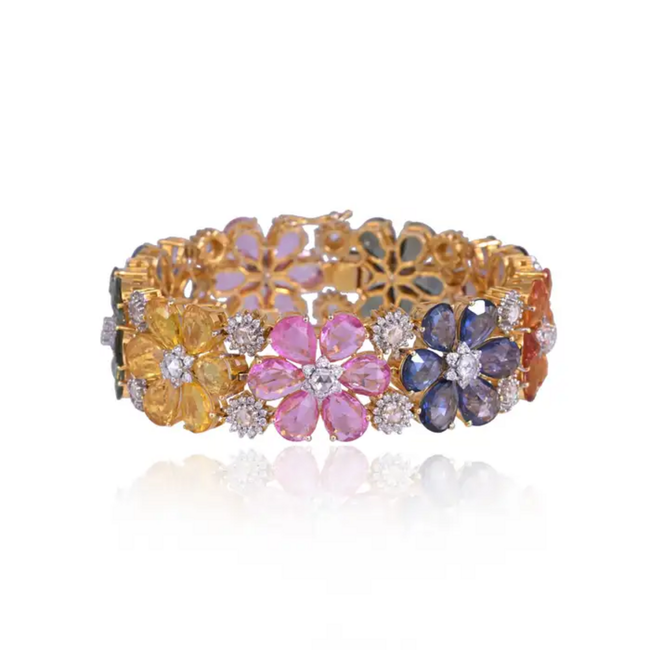 18k Yellow Gold Floral Bracelet - Natural Multi Sapphire & Rose Cut Diamond Modern Bracelet Hover Image