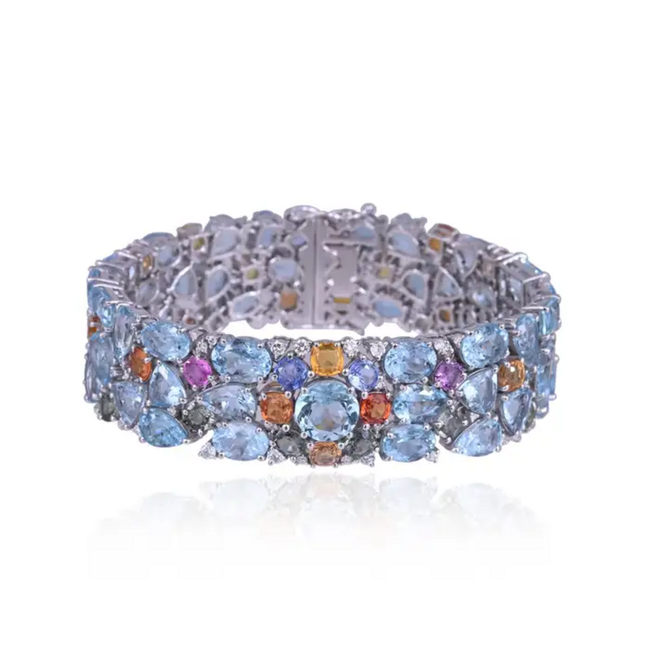 18k White Gold Diamond Statement Bracelet - Natural Aquamarine & Multi Sapphire Bracelet Hover Image