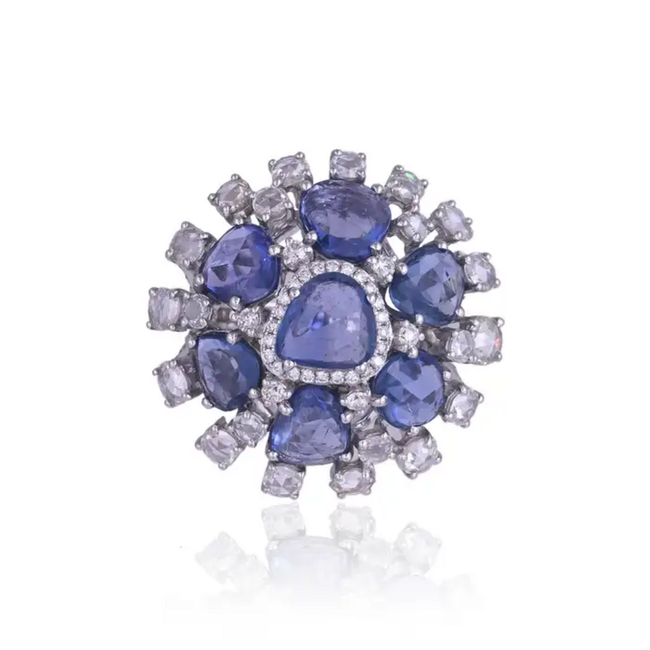 Natural Blue Sapphire & Rose Cut Diamonds Cocktail Ring - Handmade 18k White Gold Ring Hover Image