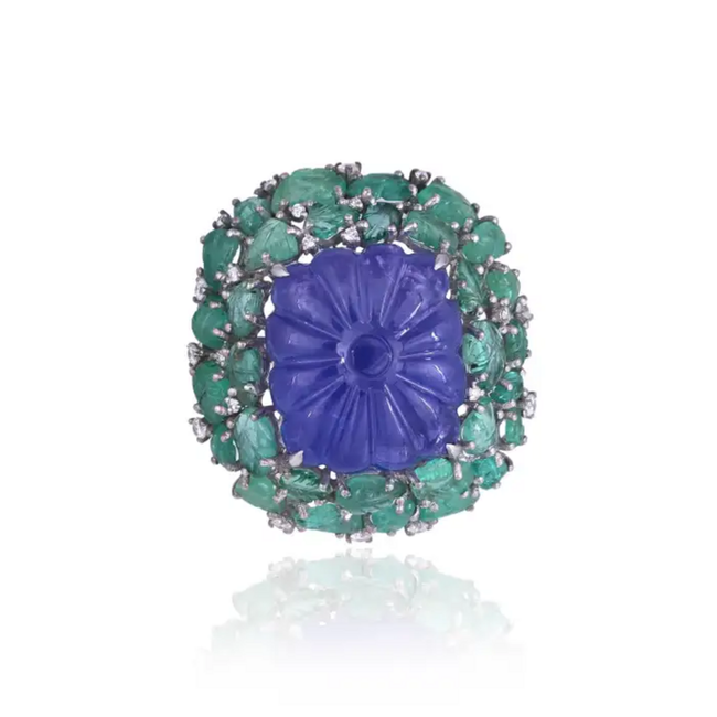 18k White Gold Diamond Statement Ring - Natural Tanzanite & Zambian Emerald Cocktail Ring Hover Image