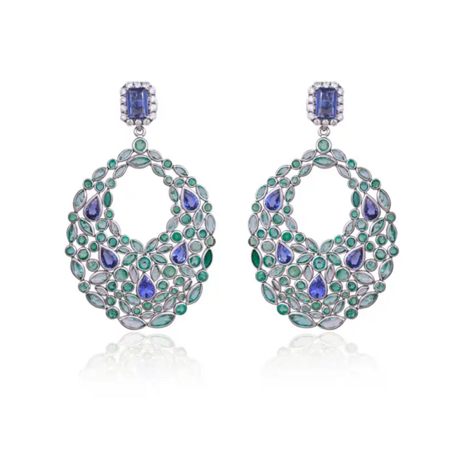 18k White Gold Diamond Art Deco Style Earrings - Natural Blue Sapphire & Zambian Emerald Dangle Earrings Hover Image