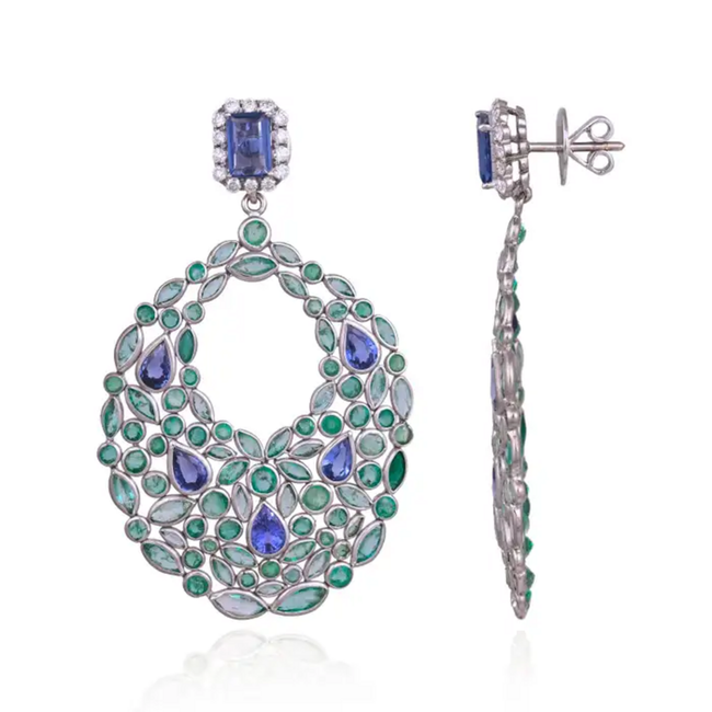 18k White Gold Diamond Art Deco Style Earrings - Natural Blue Sapphire & Zambian Emerald Dangle Earrings Main Image