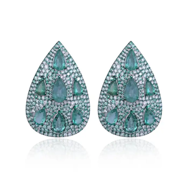 Natural Zambian Emerald & Diamond Pear Shape Earrings - 18k White Gold Earrings With Green Rhodium Hover Image