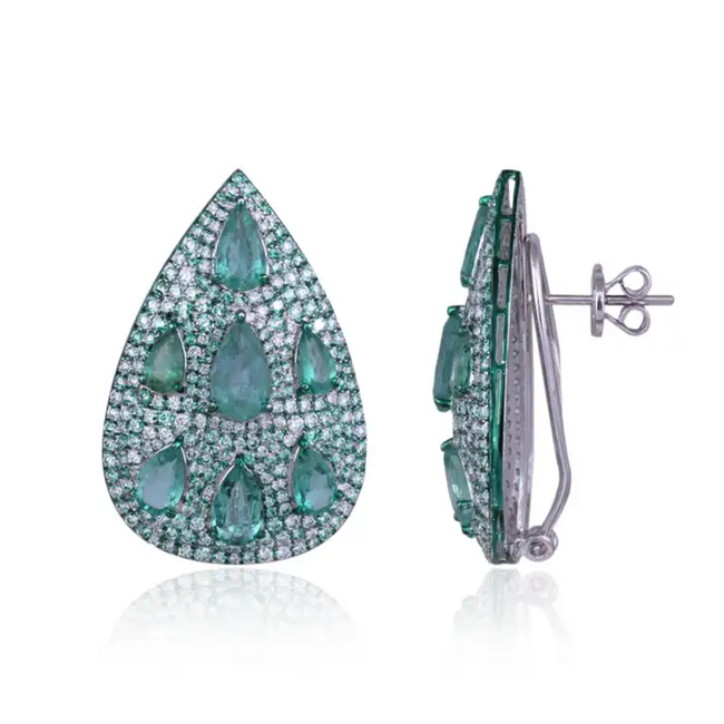 Natural Zambian Emerald & Diamond Pear Shape Earrings - 18k White Gold Earrings With Green Rhodium Main Image