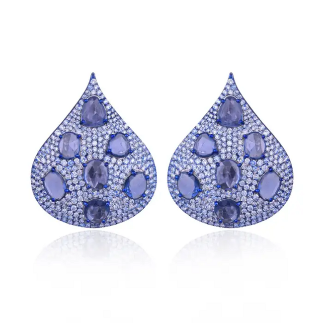 18k White Gold Diamond Earrings With Blue Rhodium - Natural Blue Sapphire Gemstone Earrings Hover Image