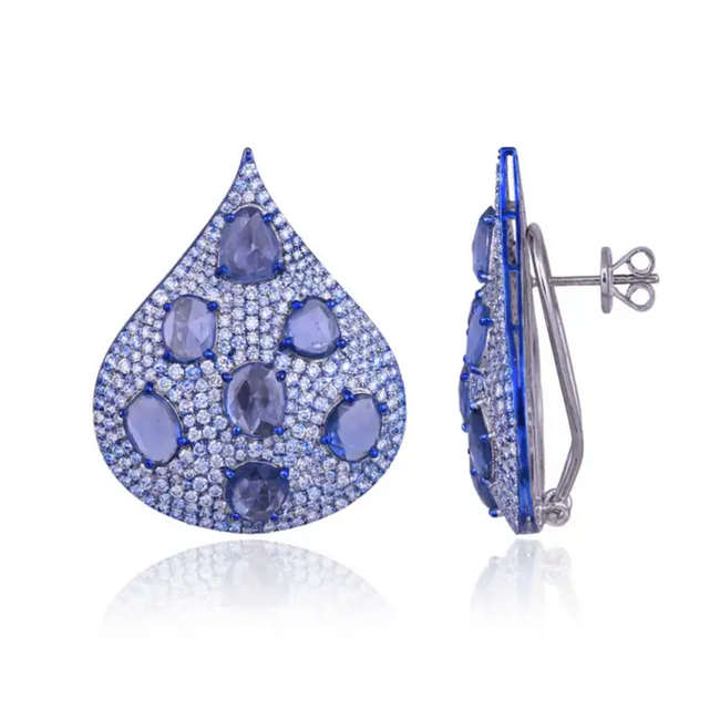 18k White Gold Diamond Earrings With Blue Rhodium - Natural Blue Sapphire Gemstone Earrings Main Image