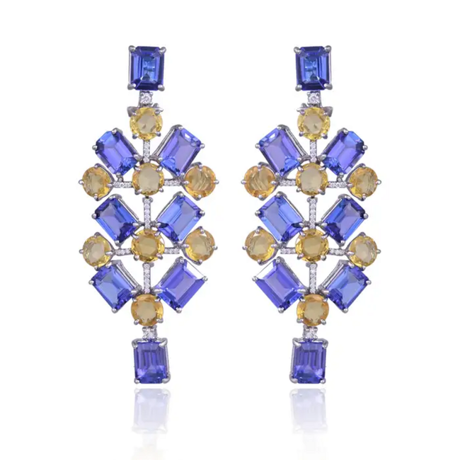 Natural Tanzanite & Yellow Sapphire Dangle Earrings - 18k White Gold Diamond Chandelier Earrings Hover Image