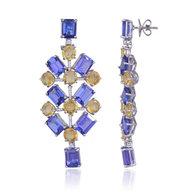 Natural Tanzanite & Yellow Sapphire Dangle Earrings - 18k White Gold Diamond Chandelier Earrings Main Image