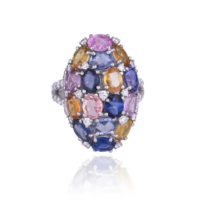 Natural Multi Sapphire & White Enamel Cocktail Ring - 18k White Gold Diamond Ring Hover Image