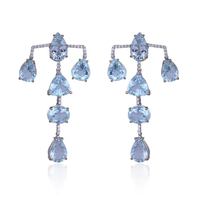 Aquamarine Gemstone Dangle Earrings - 18k White Gold Diamond Chandelier Earrings Hover Image